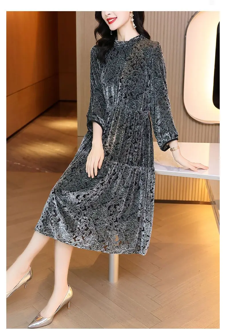 Женское платье с золотым бархатным принтом Осень-зима 2023 новинка Свободная