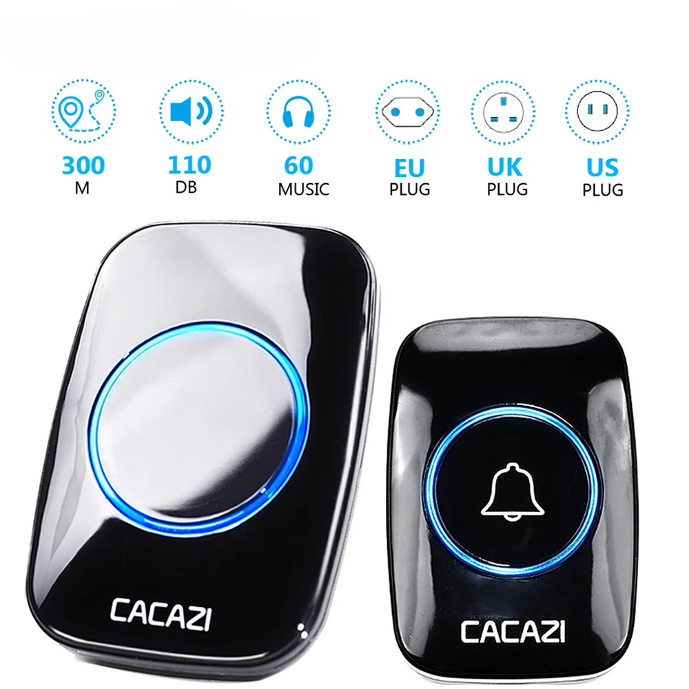 

CACAZI 60 Chime 110DB 300M Wireless Doorbell Waterproof Remote EU AU UK US Plug Smart Door Bell Battery 1 Button 1 2 3 Receiver