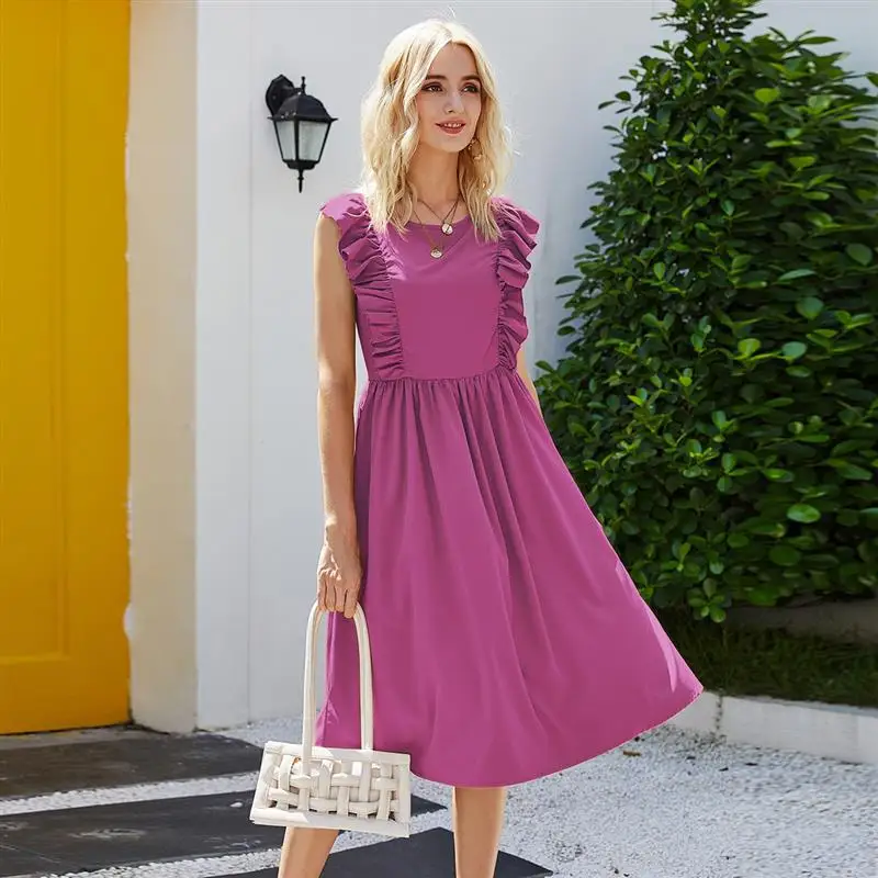 

Summer Women's Vintage Dress Ruffle Sleeveless Dress GRAY22