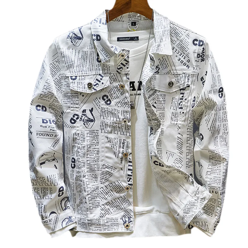 

100% Cotton Men's Denim Jacket Letters Print White Denim Coat Outerwear Korean Style Trendy Loose All Match Casual Clothing