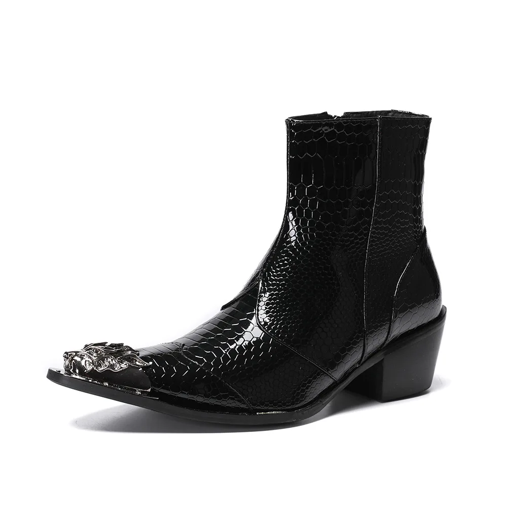 

Мужские классические ботинки из коровьей кожи, черные повседневные ботинки с металлическим острым носком и крокодиловым узором, для зимы