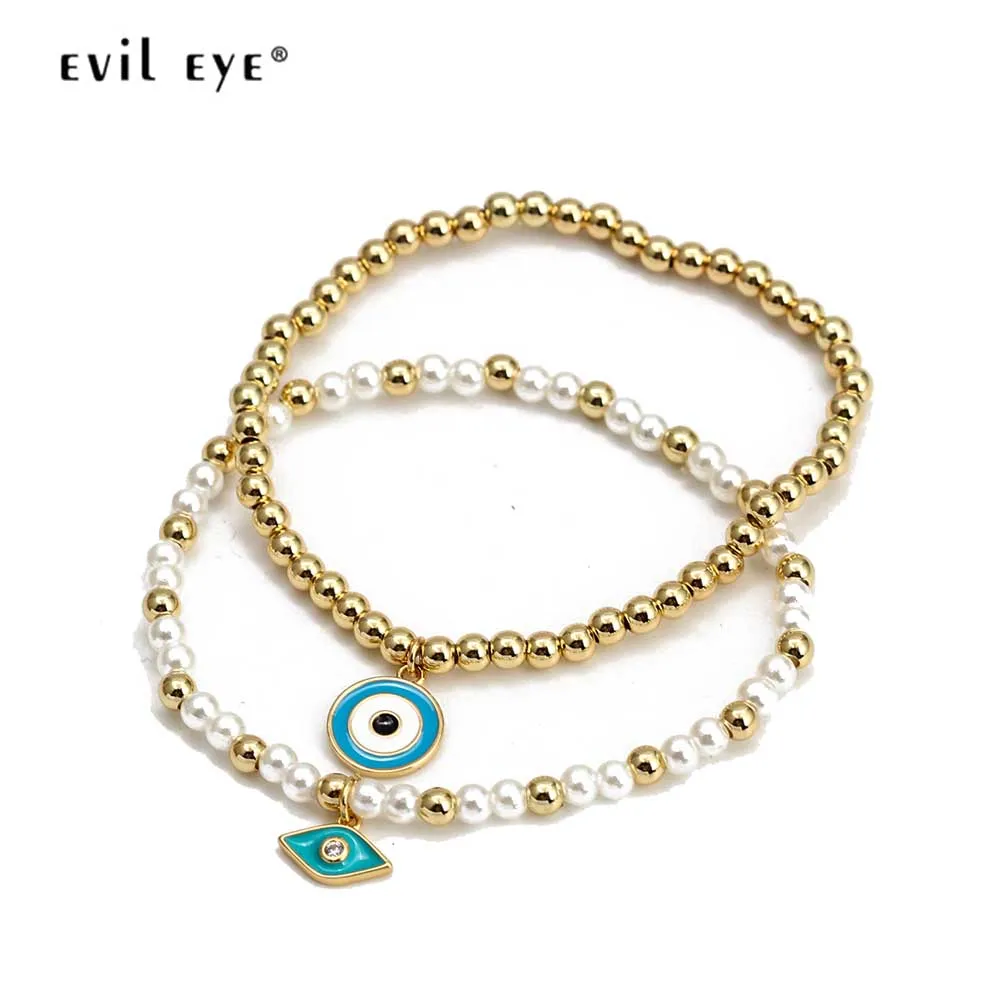 EVIL EYE Gold Color Metal Bead Plastic Pearl Bracelet Handmaded Adjustable Blue Evil Eye Charm for Women Girls BE555 |
