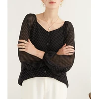 2022 new natural silk high quality long sleeve blouse v neck office lady polka dot lantern sleeve single breasted