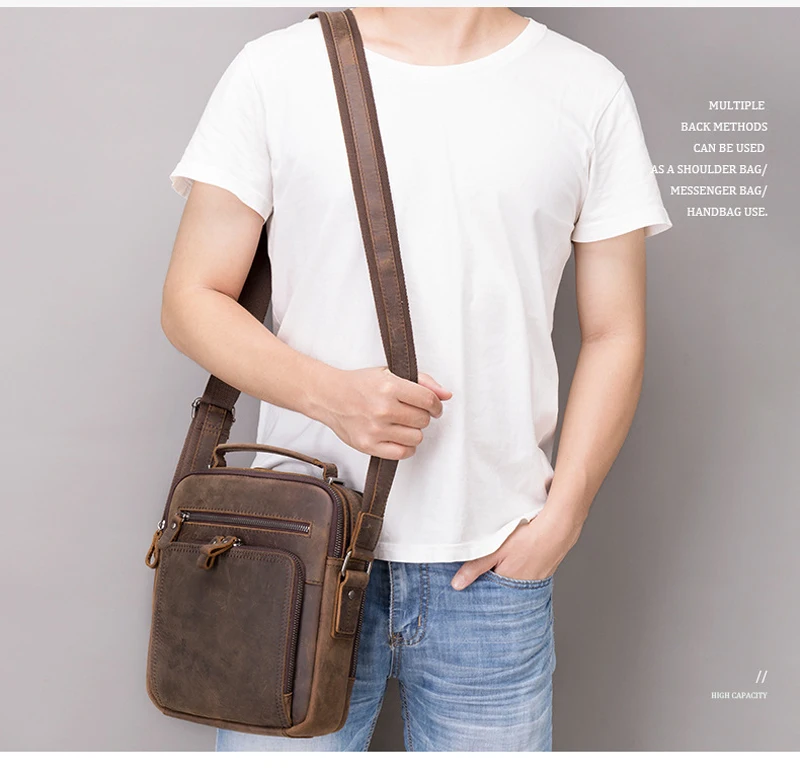 Crazy Horse Genuine Leather Men's Shoulder Bag Vintage Messenger Handbags Bolsos Male Crossbody Bags Man's Handbag Sling Bag