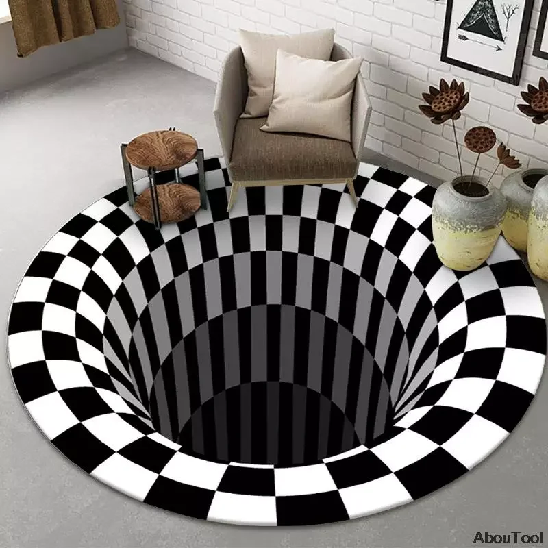 

3D Rugs Black White Grid Printing Bedroom Illusion Vortex Bottomless Hole Carpets For living room Halloween Home Decoration Rugs