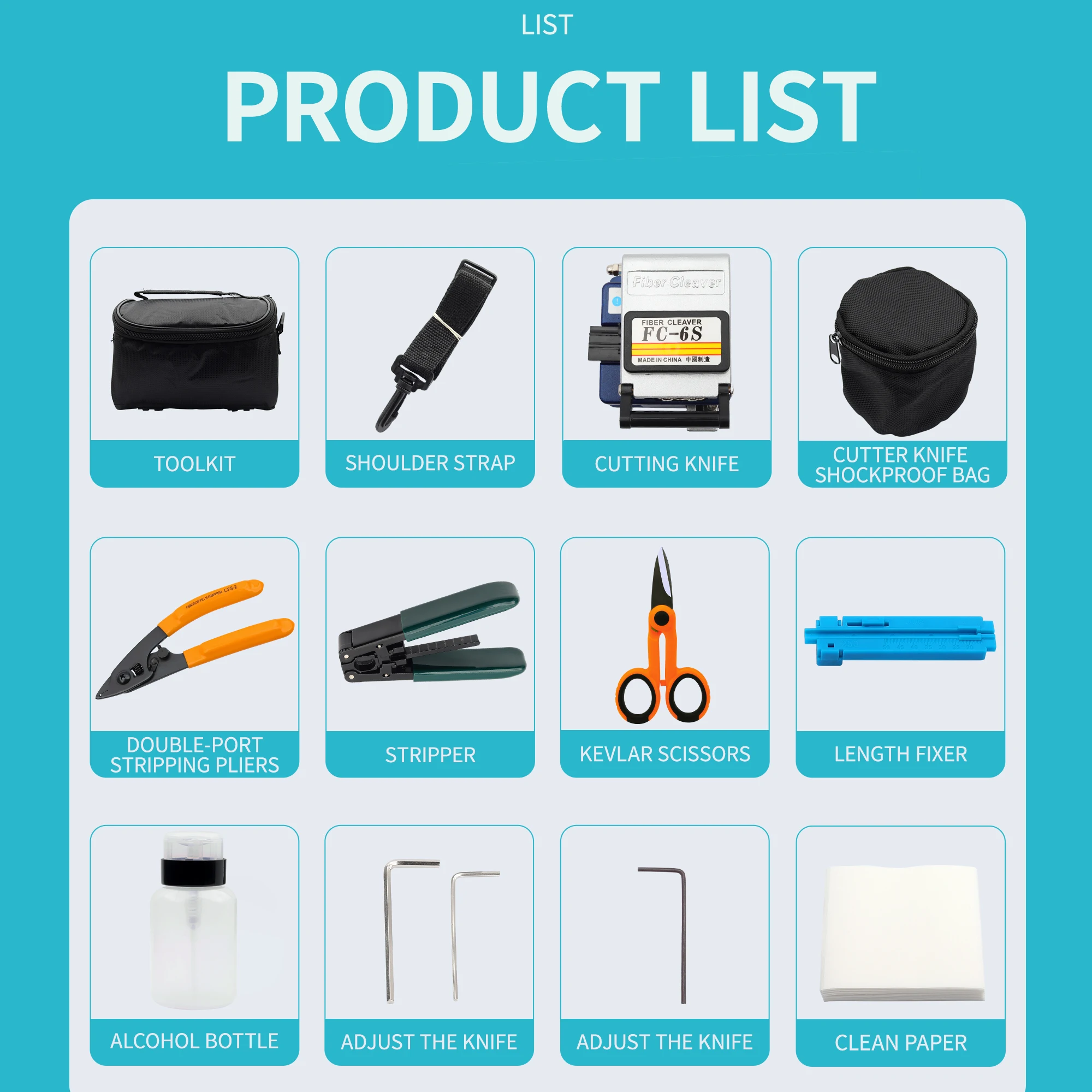 Fiber Tool Kit  Cold Connection   12pcs Set Bag  FC-6S  Optical  Cleaver With Wire Stripper