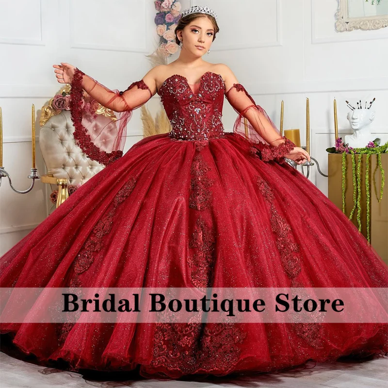 

Burgundy Ball Gown Quinceanera Dresses With Bell Sleeves lace Applique Sweet 16 Prom Beads Crystals Exquisite Wedding Gowns