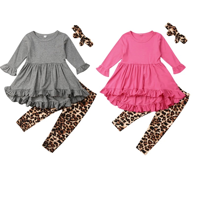

Baby Girl Clothing Sets Solid Color Ruffle Tops Leopard Pants Leggings Headband 1-5Y Toddler Kids Children Spring Fall Outfits