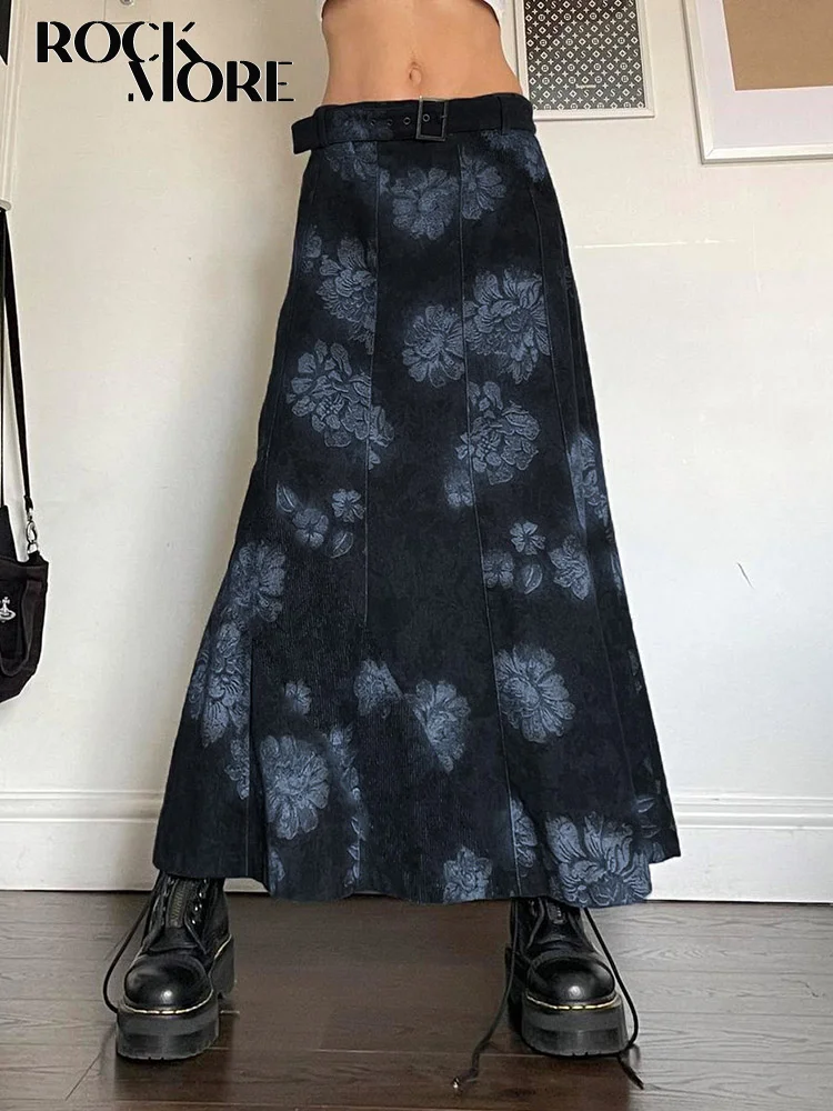 

Rockmore Retro Floral Print Long Skirt Belt Low Waist Women Y2K Aesthetics Vintage A-Line Midi Skirts Harajuku Grunge Fairycore