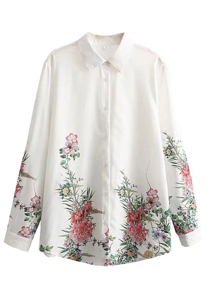 

YENKYE 2022 Women Floral Print White Chiffon Blouse Shirt Vintage Roll-up Long Sleeve Casual Loose Ladies Shirts Summer Blusas