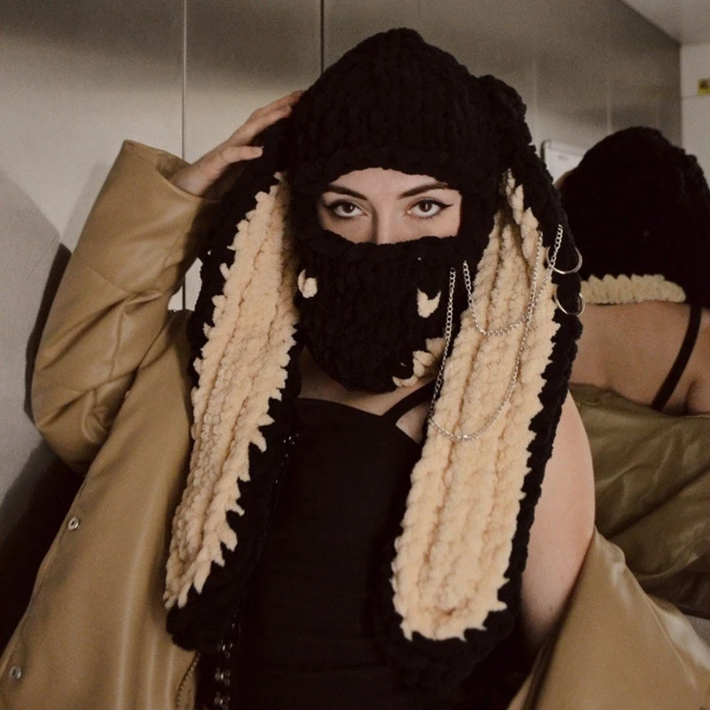 

Hirigin, женская вязаная Лыжная маска на все лицо, вязаная Балаклава, зимняя теплая Милая вязаная Балаклава с ушками кролика, маска для лица