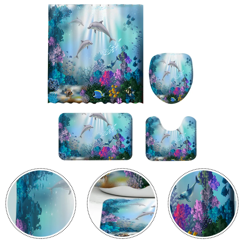 

1 Set of Ocean Scene Curtain Toilet Decorative Curtain Toilet Mat Bathroom Decor