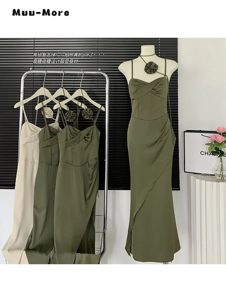 

French Style Solid Color V-neck 3D Floral Decoration Elegant Evening Dress Women Sleeveless Slim Fit Chiffon Party Formal Dress