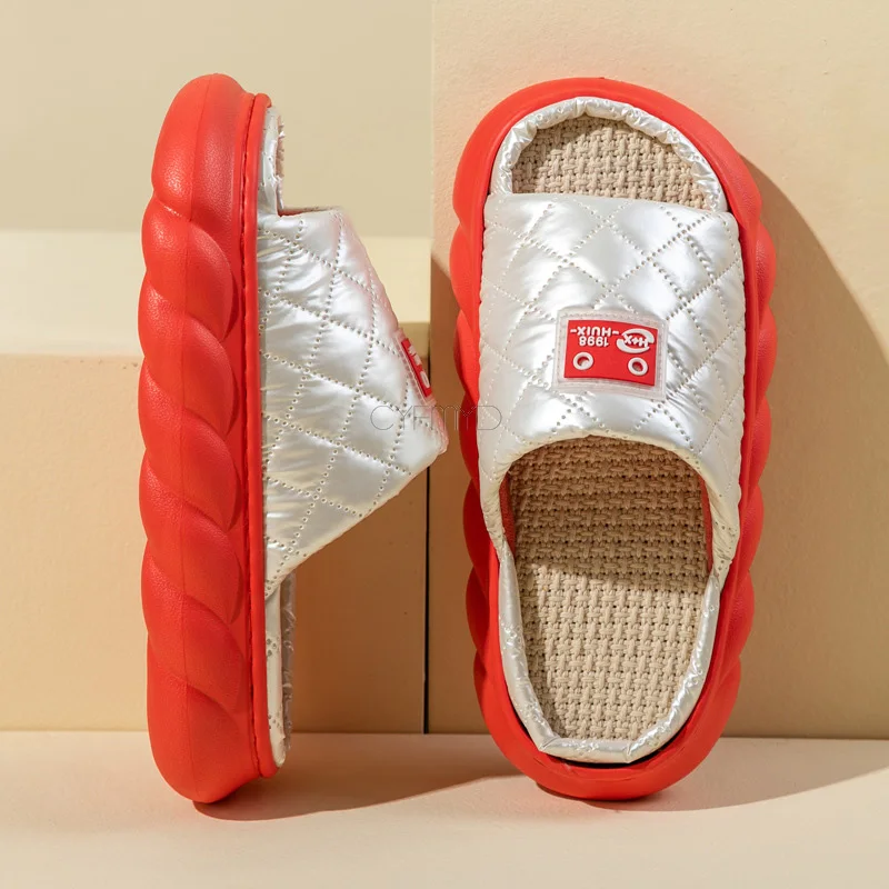 Down Cloth Designed Women's Home Slippers Linen Open Toe Indoor Slippers Female EVA Non-Slip Thick Sole Woman Winter Slippers