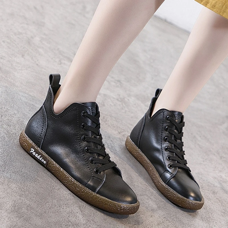 

Spring New Retro Leather Beef Tendon Soft Bottom High-Top Small White Shoes Flat Bottom Women's Non-Slip Pregnant Women Shoes