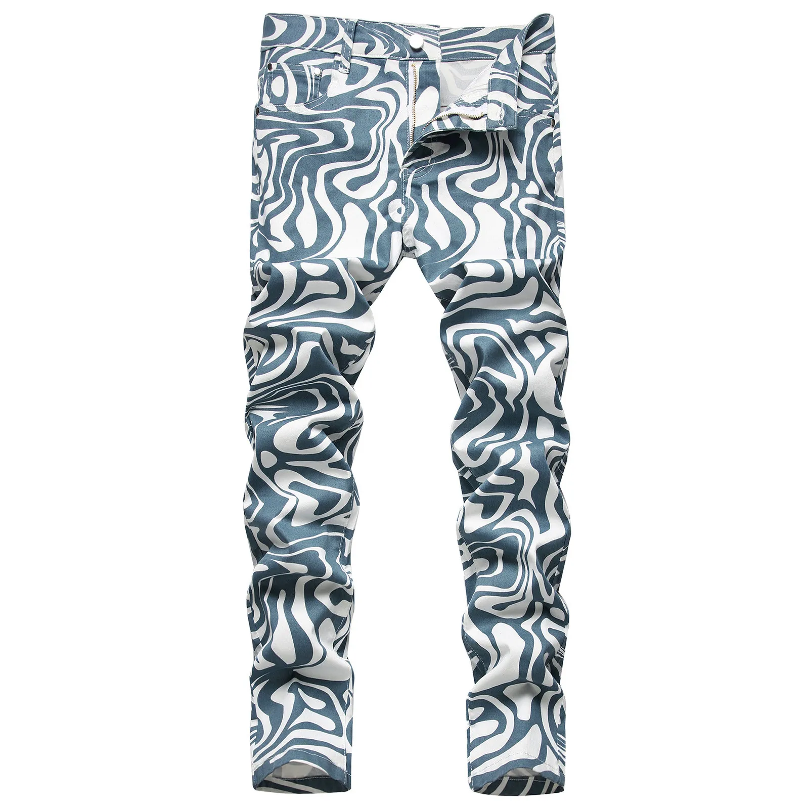

Male Casual Mid Waist Tight Jeans Pant Striped Print Zipper Fly Pocket Pencil Pant Trousers