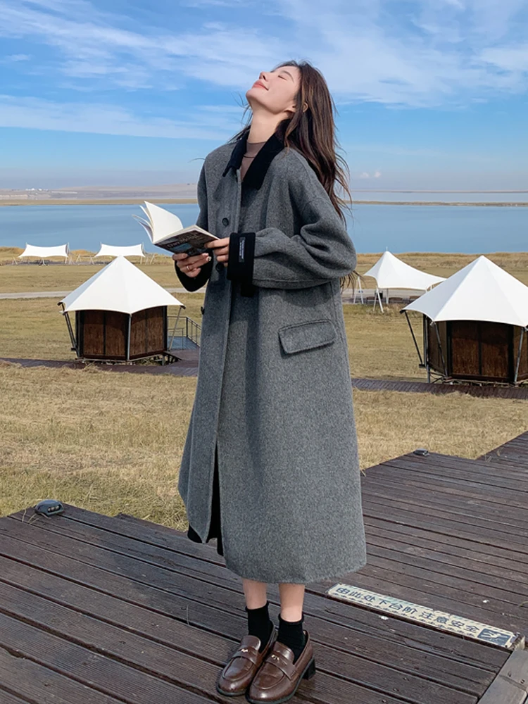 Gray Design Sense Double-sided Cashmere coat Women 2024 Winter New Korean Series Temperament Mid-Length Woolen Jacket
