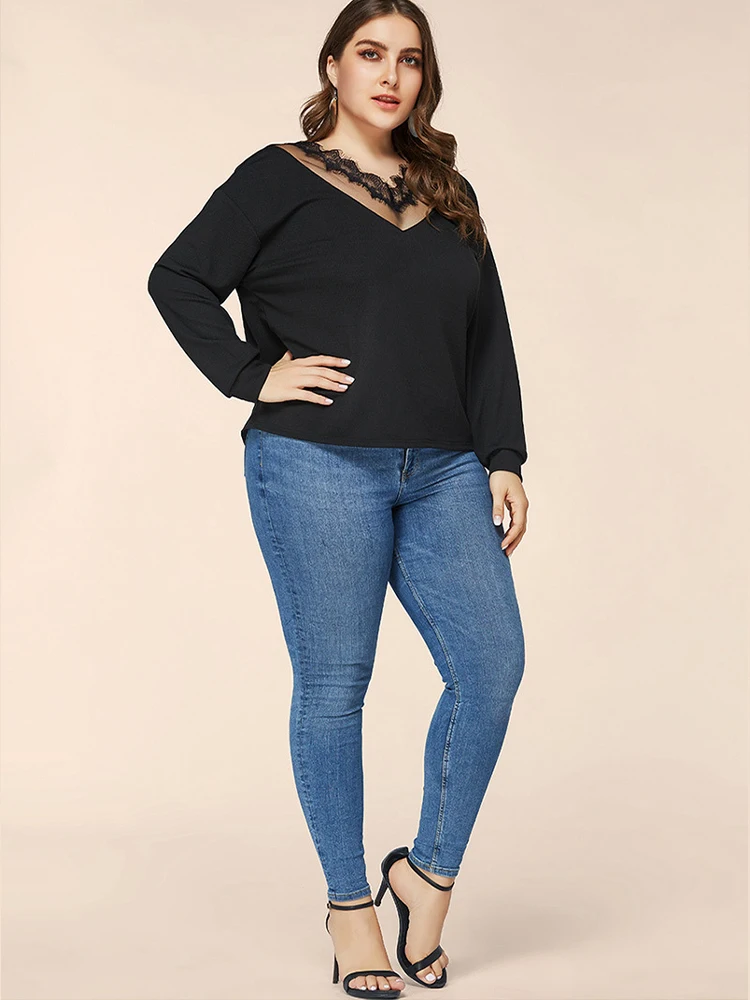 2022 Plus Size Solid Color V Neck Sexy Women Summer long sleeve for T Shirt Female Street Fashion Casual Lace Tshirt