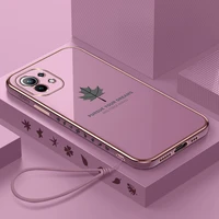 luxury plating maple leaf square silicone phone case for xiaomi mi 12 11 lite redmi note 10 9 8 t pro ultra thin strap cover
