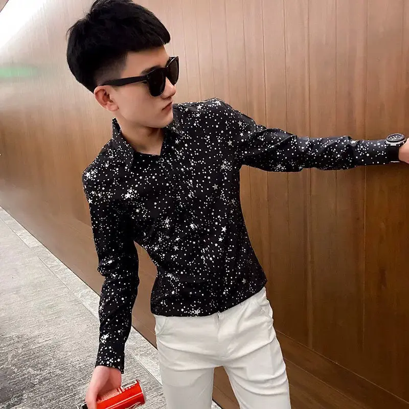 

2022 New Men's Clothing Long Sleeve Korean Fashion Printed Tops Shirt Male Soft Comfortable Slim Fit Handsome Casual Shirts L164