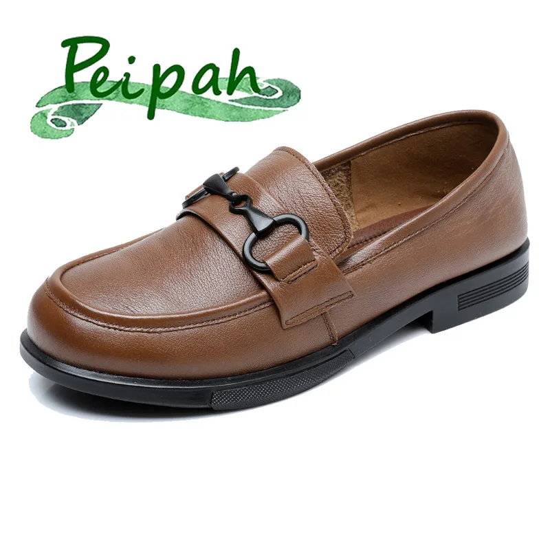 

PEIPAH Luxury Chain Shoes for Women Oxfords Ladies Genuine Leather Flats Female Slip On Solid Metal Decoration Casual Loafers