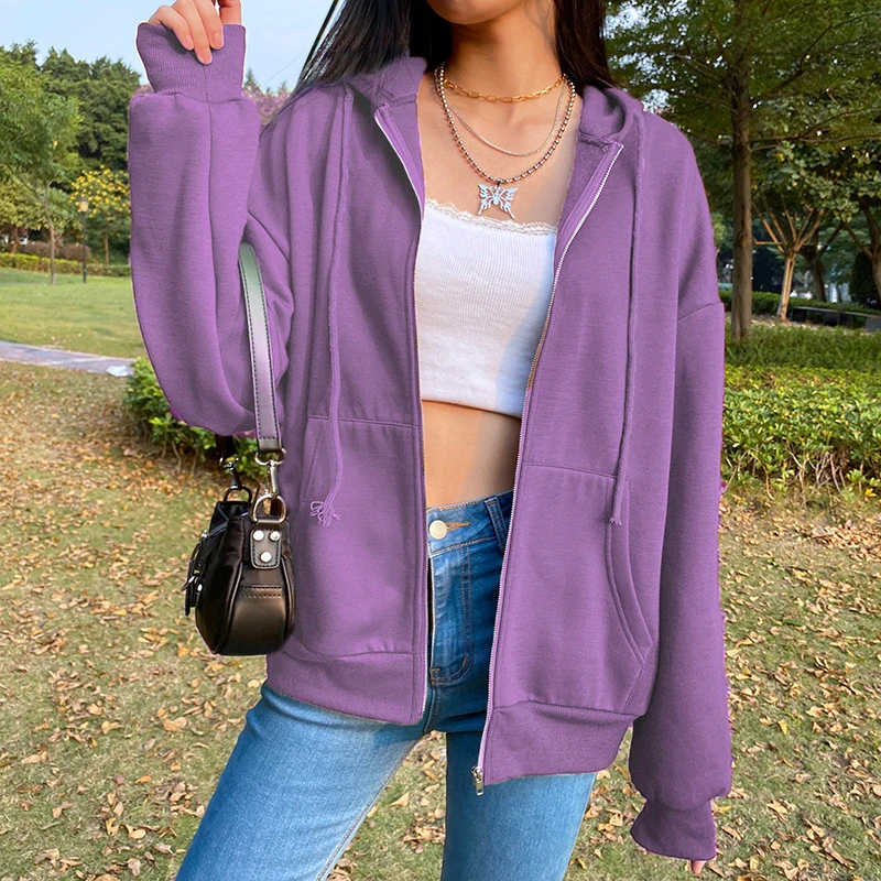 

Brown Purple Black Zip Hooded Sweatshirt Winter Jacket Top Oversized Hoodie Retro Pocket Woman Clothes Long Sleeve Pullover 2021