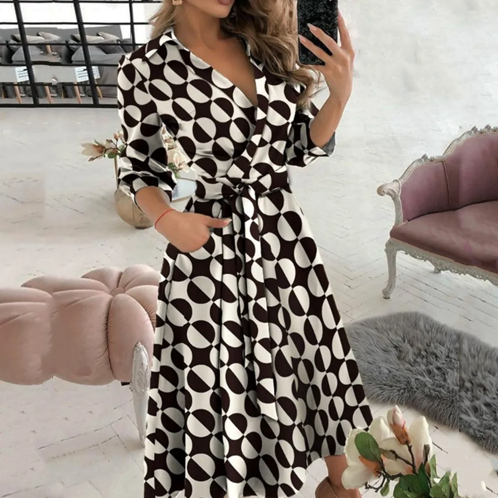 

Женское офисное мини-платье-рубашка с длинным рукавом, поясом и V-образным вырезом