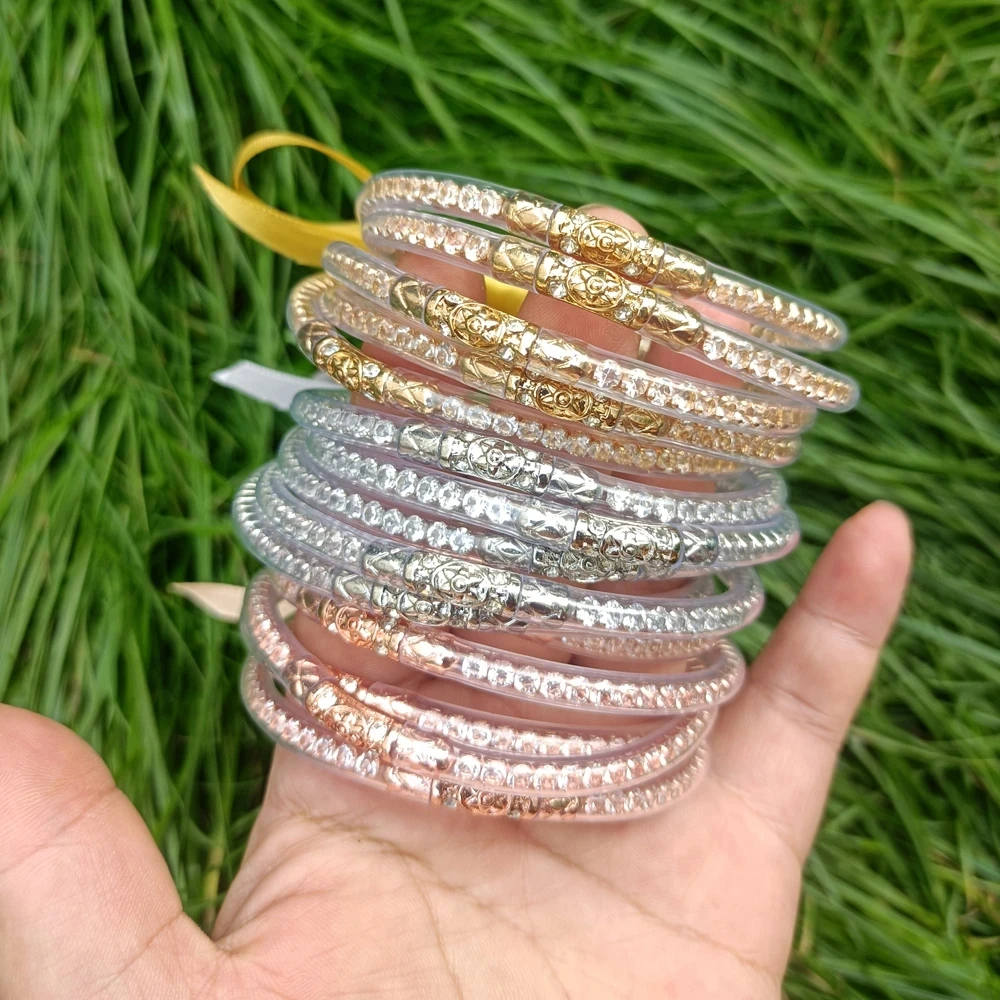 

5pc/set Rhinestone Bowknot Glitter Filled Jelly Silicone Bangle Crystal wristband For Girls Buddhist Rush Bracelet charm Gift
