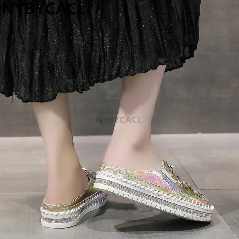 Diamonds Pearl Women Slippers Flowers Lock Crystals Rhinestone Slides Bling leather Round Toe Slip-on Platform Fashion New Shoes