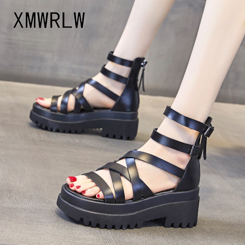 

XMWRLW Women's Sandals 2023 Summer Genuine Leather Fashion High Heels Female Gladiator Sandals Rubber Sole Women Summer Shoes