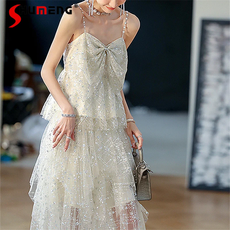 

French Style Starry Gauze Bow Sequin Sling Dress for Women Summer Socialite High-End Luxury Irregular Temperament Slip Dresses