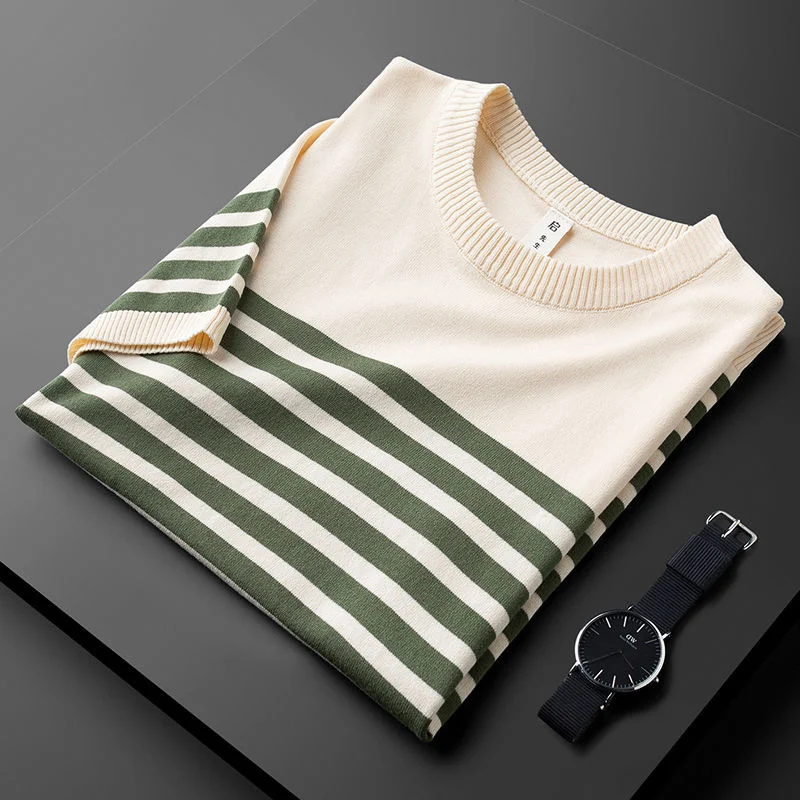 

quality High summer knitted round neck t-shirt men's luxury fashion stripe ice silk short sleeve men's Korean casual half sleeve