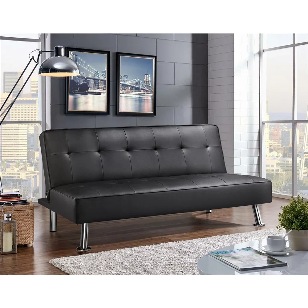 

Easyfashion Convertible Black Faux Leather Futon Sofa Bed, Black