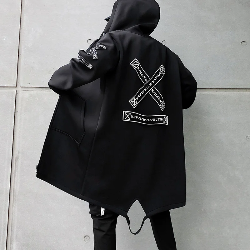 

Men Streetwear Black Jackets And Coats Hip Hop Harajuku Hooded Men's Windbreaker Overcoat Mens Clothing