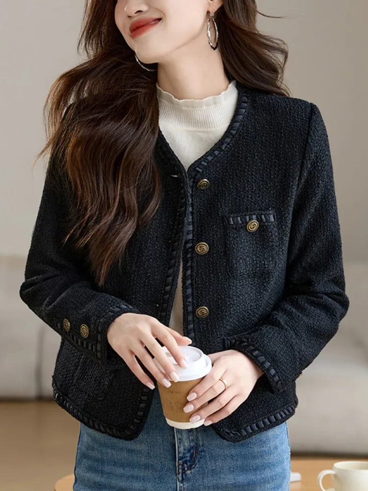 Черная повседневная изящная верхняя одежда с круглым вырезом женская