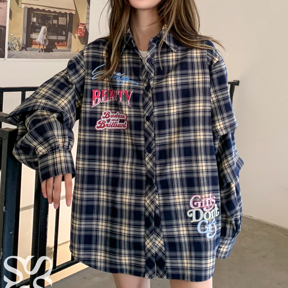 

Женская клетчатая блузка в стиле хип-хоп, с принтом букв