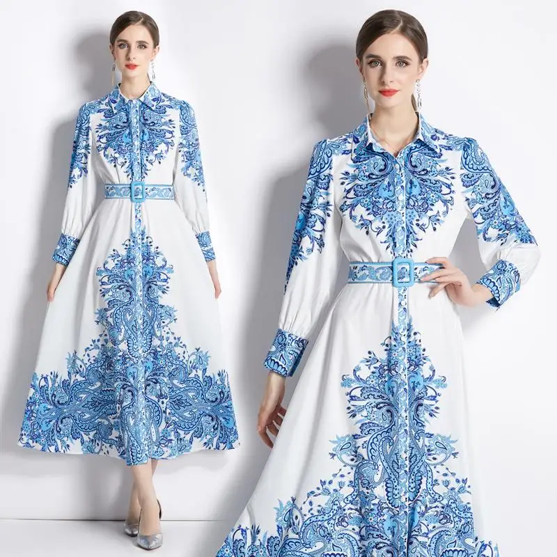 

New Fashion Ethnic Female Robe For Autumn Slim High Waist Single Breasted Feminino High Class Blue Color Floral Women Dresses