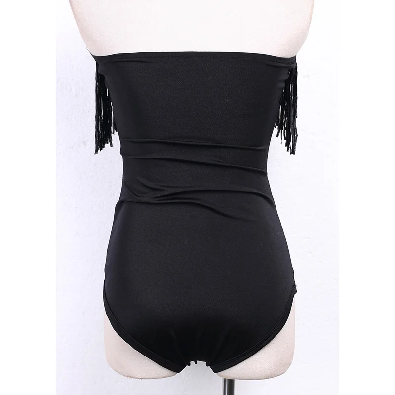 Сексуальный черный женский купальник однотонный сплошной с бахромой пуш-ап