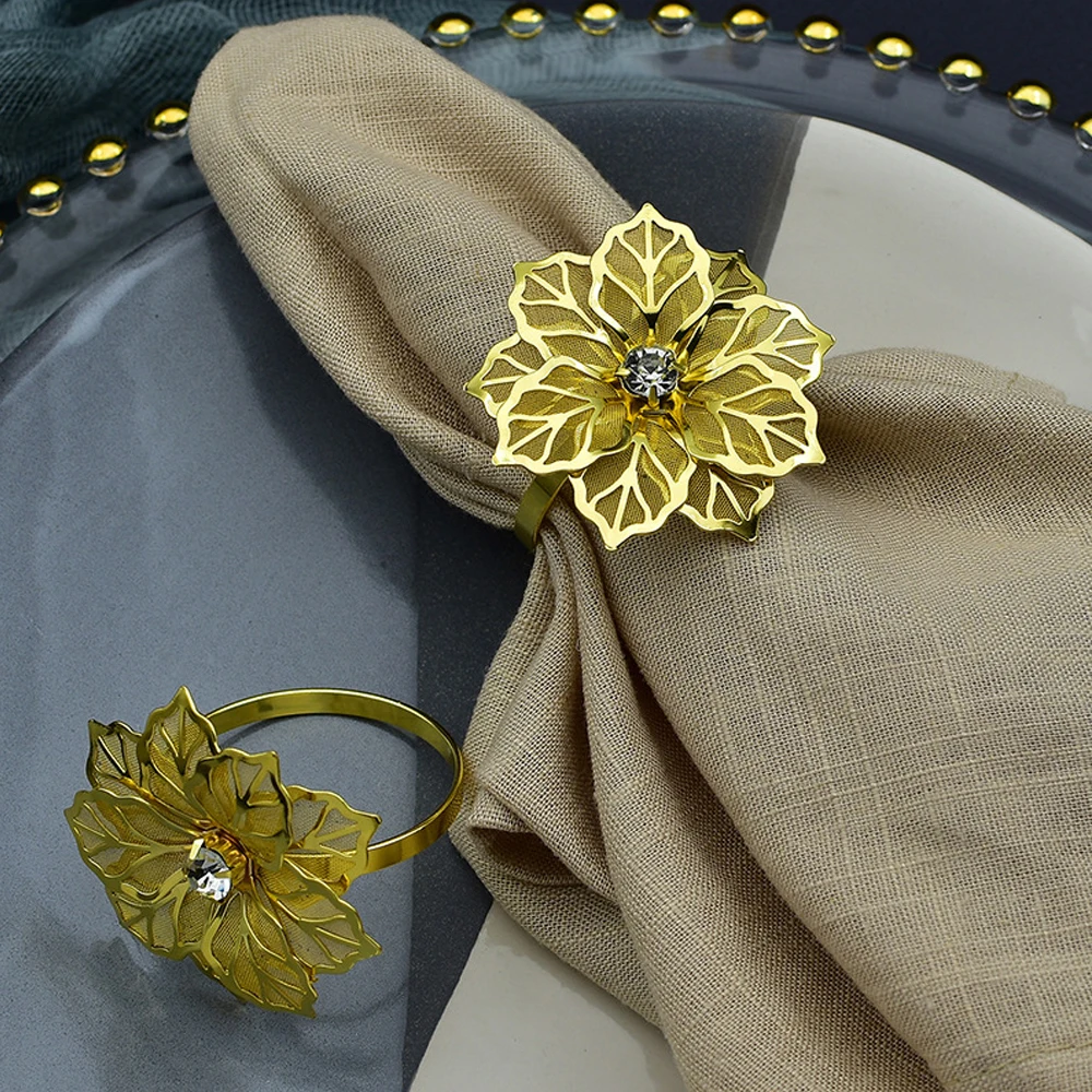 

12pcs Elegant Beautiful Flowers Napkin Ring Gold Silver Mesh Napkin Holder for Wedding Party Decoration Christmas Home Decor