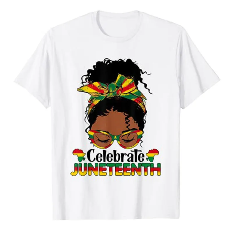 

Juneteenth Celebrate 1865 Messy Bun Bandana Glasses Black Women T-Shirt Gift Fashion Funny Short Sleeve Blouses Graphic Tee Tops