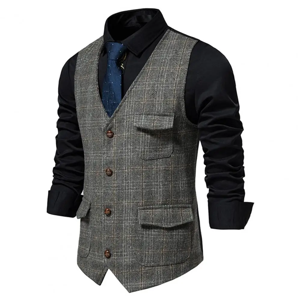 

Men Waistcoat Plaid Print Business Waistcoats for Men Sleek Slim-fit Vests with Single Breasted Design Pockets for Work