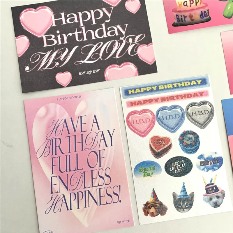 

Ins Birthday Greeting Card Sticker Set Pink Series Cute Cake Blessing Postcard Creative DIY Gift Decorative Photo Props 7 Sheets