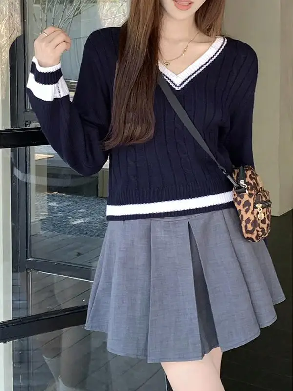 2024 Ранняя осень новинка темно-синий короткий вязаный женский свободный