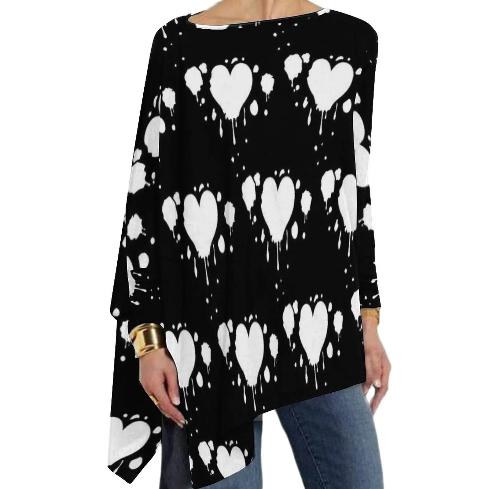 

Queen of The Gothic T Shirts White Hearts Trendy T Shirt Woman Long Sleeve O Neck Casual Loose Tops Oversized Design Clothing