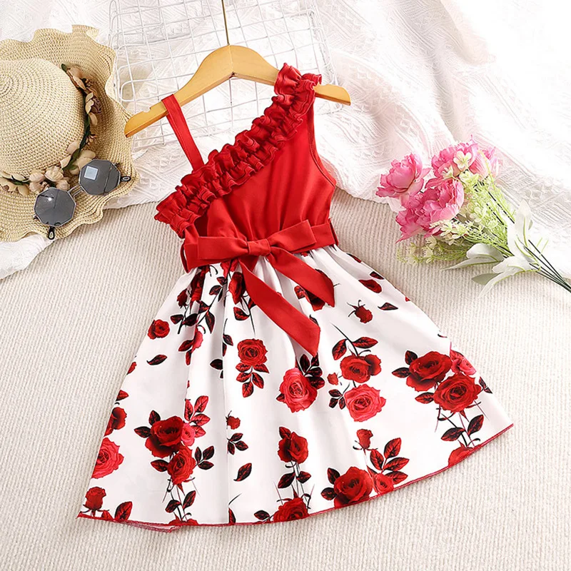 

2023 Summer New Arrival Girls Sleeveless Ruffles Print Floral Sashes Red Roupa Infantil Menina Cute Party Dress Custume 12M-7T