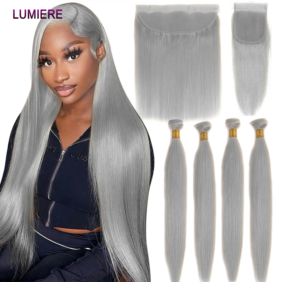 

Silver Grey Bone Straight 3/4 Bundle With Closure Brazilian 100%Remy Human Hair Weave Bundle With Frontal Closure Hair Extension