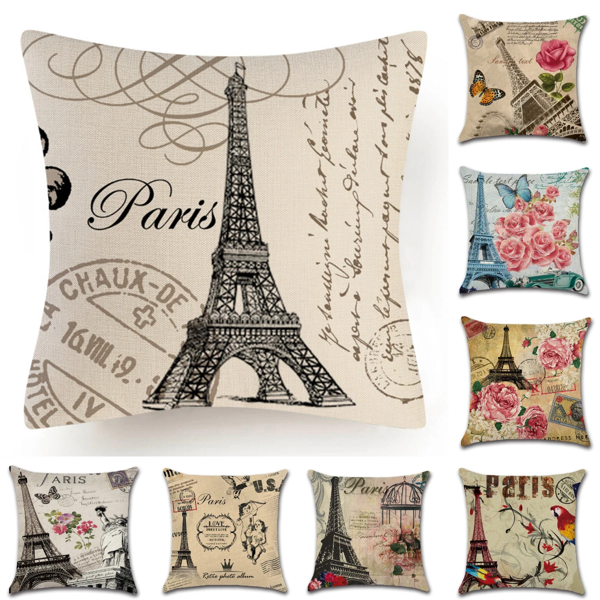 

Hot Vintage Eiffel Tower Cushion Cover Romantic Paris Valentine's Day Floral Pillow Covers Linen Cotton Sofa Couch Throw Pillows