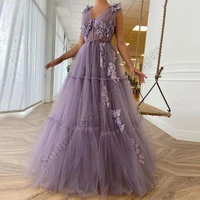 purple tiered evening dresses 3d appliques beads prom v neck robe de soiree graduation formal celebrity vestidos fiesta
