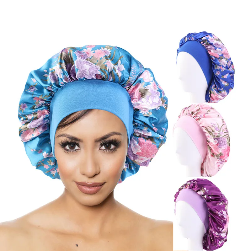 

European and American Popular Wide-brimmed Satin Nightcaps Cheongsam Color Printing Round Caps Beauty Salon Caps