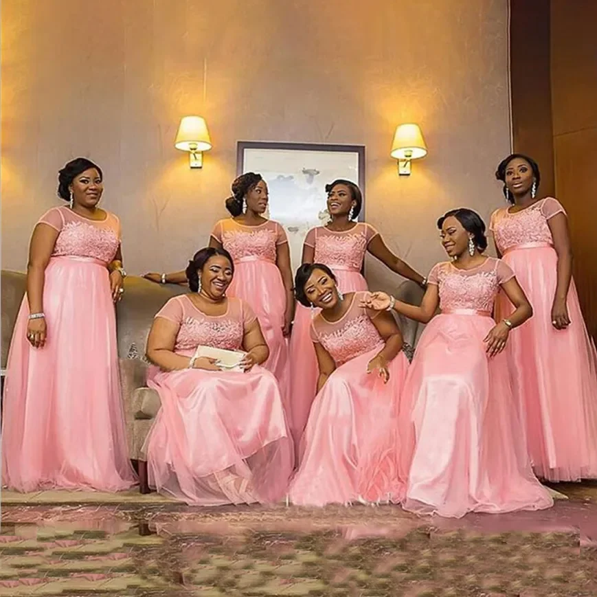 

New Pink Scoop A Line Bridesmaid Dresses With Short Sleeves Floor-Length Applique Tulle long Plus Size Illusion